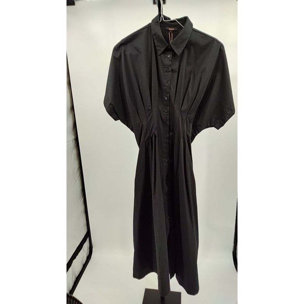 Quince Women Black Stretch Twill Pleated Midi Shirt Dress L